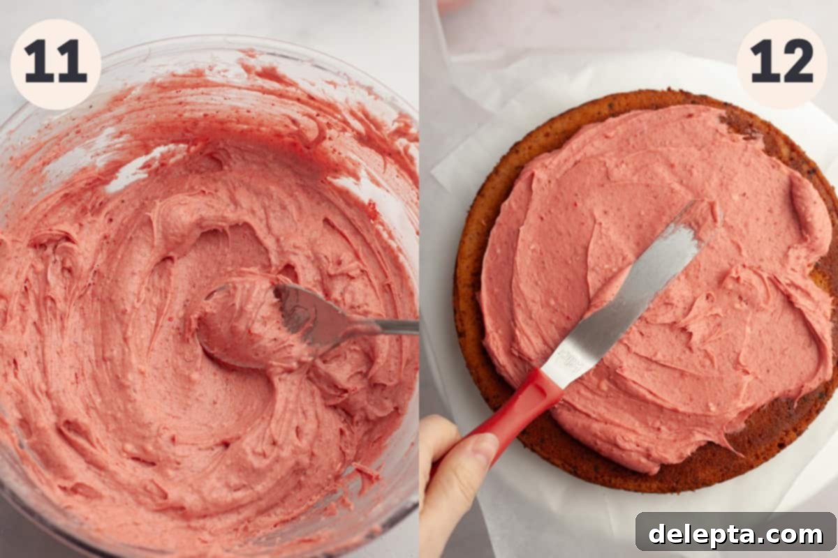 Strawberry Velvet Cake 10 Smooth strawberry cream cheese frosting in a bowl, ready to be spread onto the cake, with a frosted cake shown in the background.