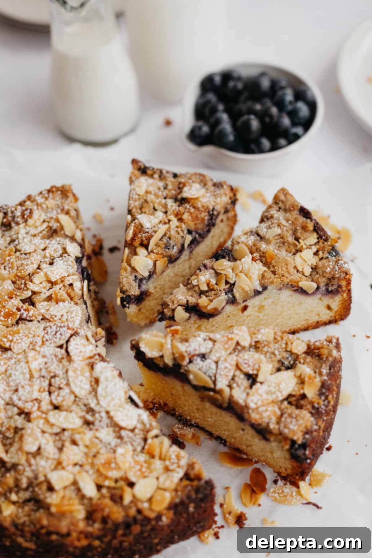 Sun-Kissed Blueberry Almond Lemon Cake 2 Three slices of blueberry crumb cake with flaked almonds on top, highlighting its golden crust and juicy fruit.