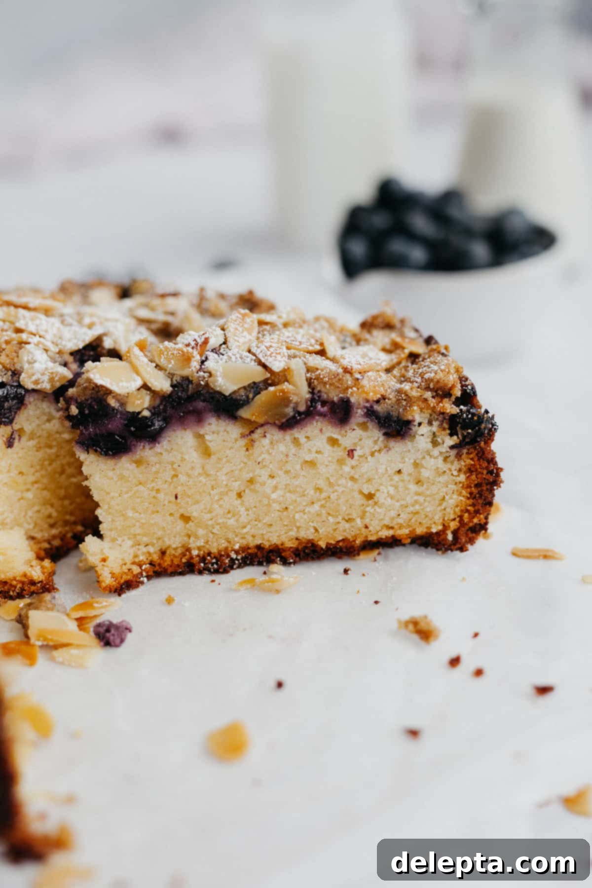Sun-Kissed Blueberry Almond Lemon Cake 3 A side angle shot of a moist slice of blueberry almond lemon cake, revealing its tender texture and delicious layers.