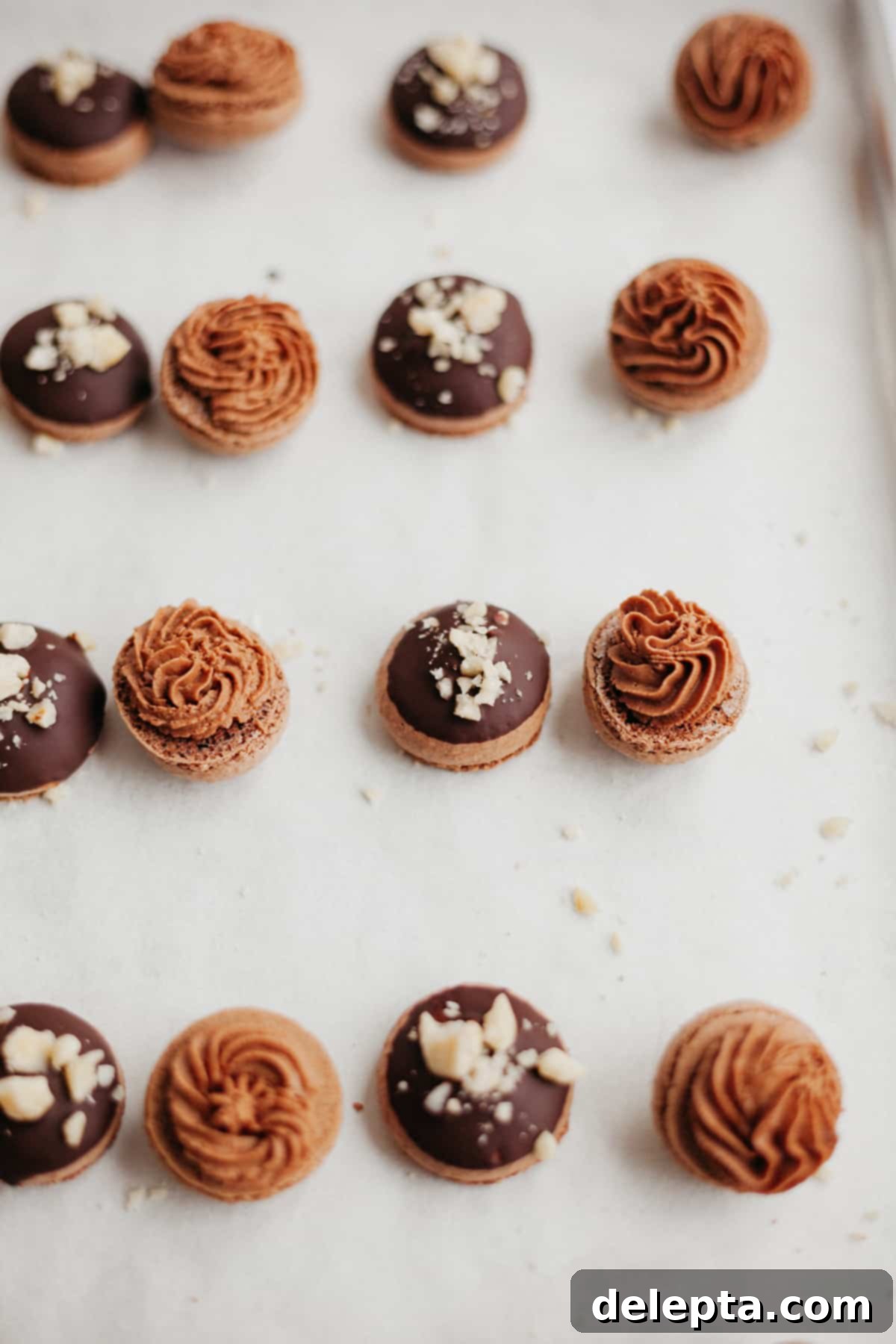 Decadent Nutella Macarons 11 Macaron shells neatly lined on parchment paper, with some filled with Nutella buttercream and others dipped in chocolate