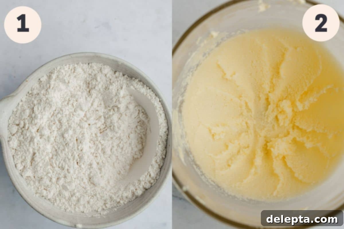 The Ultimate Chocolate Chip Loaf 4 Step-by-step process images showing the initial stages of making chocolate chip loaf cake: whisking dry ingredients and creaming butter and sugar.