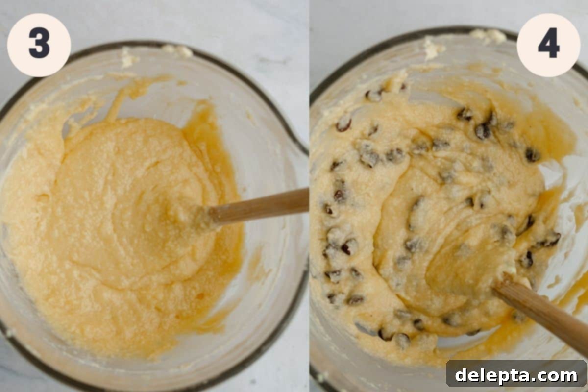 The Ultimate Chocolate Chip Loaf 5 Two sequential process images for chocolate chip loaf cake baking: adding eggs one by one and then folding in dry ingredients with sour cream.