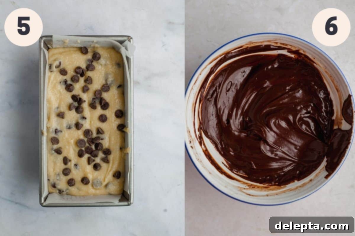 The Ultimate Chocolate Chip Loaf 6 The final two steps in making chocolate chip loaf cake: pouring batter into a lined pan and preparing the chocolate ganache topping.