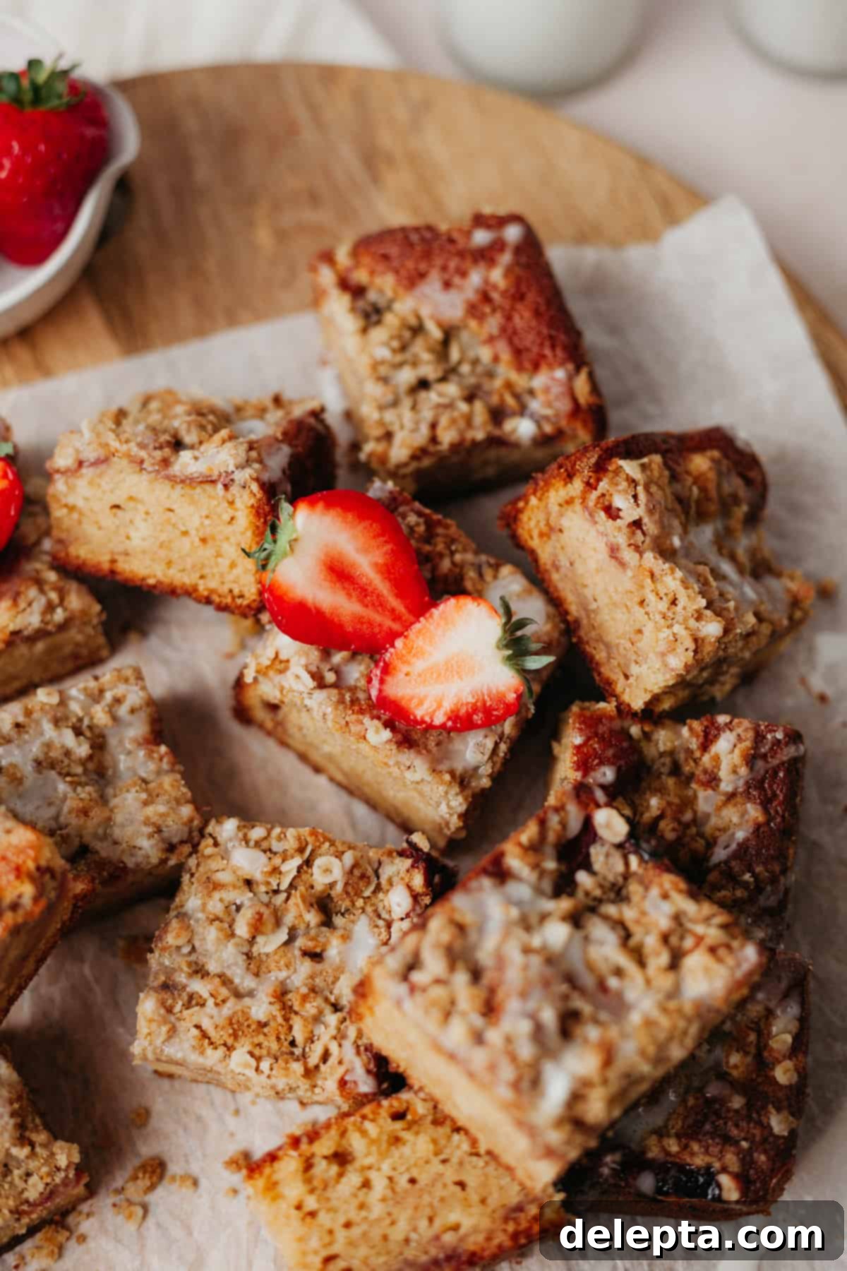 Luscious Strawberry Crumb Cake 2 Squares of strawberry crumble cake on top of parchment paper. One square has a strawberry on top, which had been sliced in half.