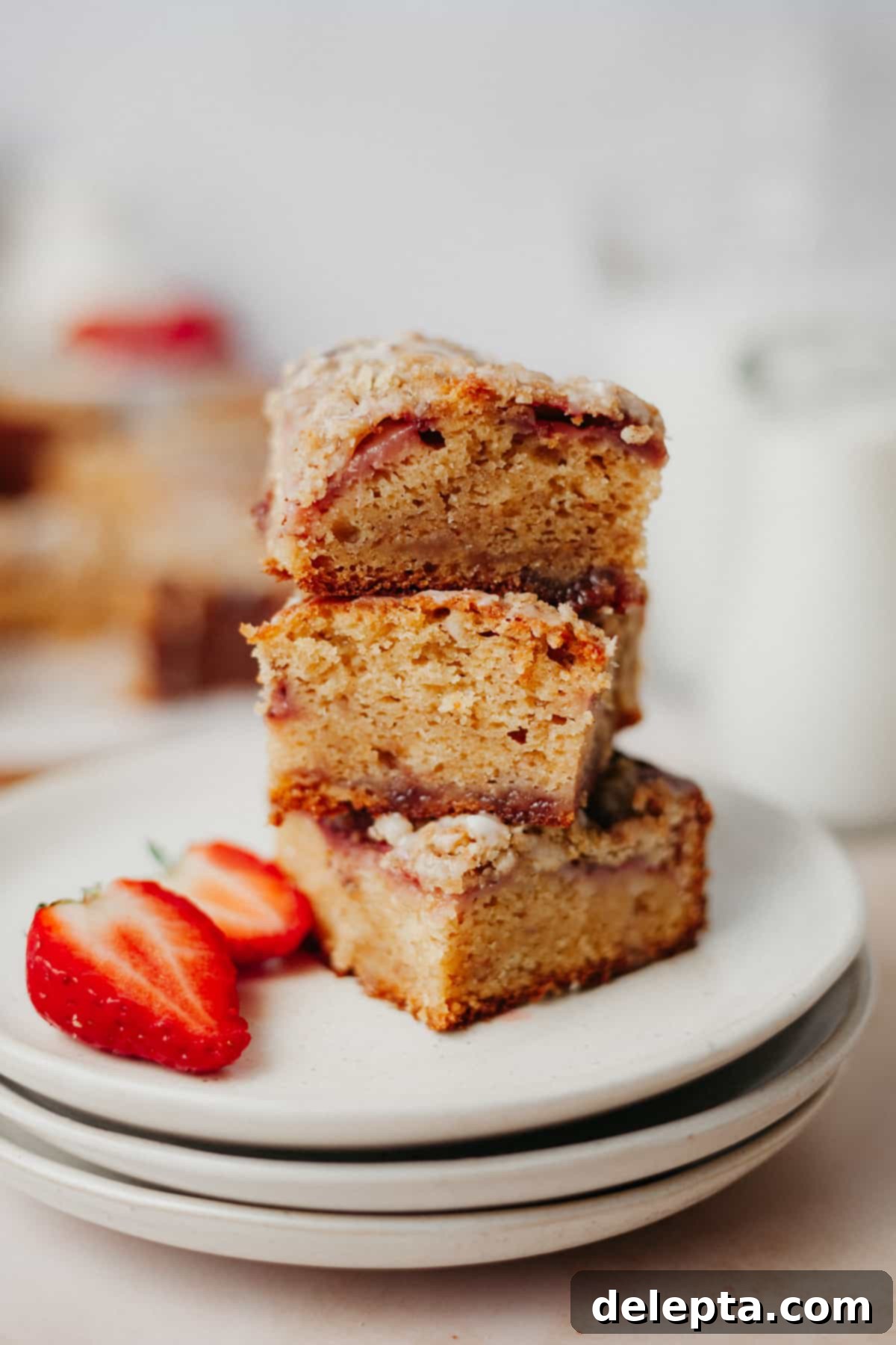 Luscious Strawberry Crumb Cake 13 Three slices of strawberry crumble cake stacked on top of each other. It is on top of a small stack of beige plates