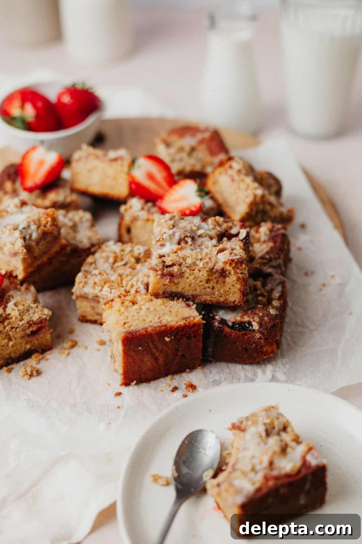 Luscious Strawberry Crumb Cake 14 An overhead shot of squares of strawberry crumble cake. One square has a strawberry on top that has been cut in half. The slices are on top of parchment paper and there is a small plate with one slice on it