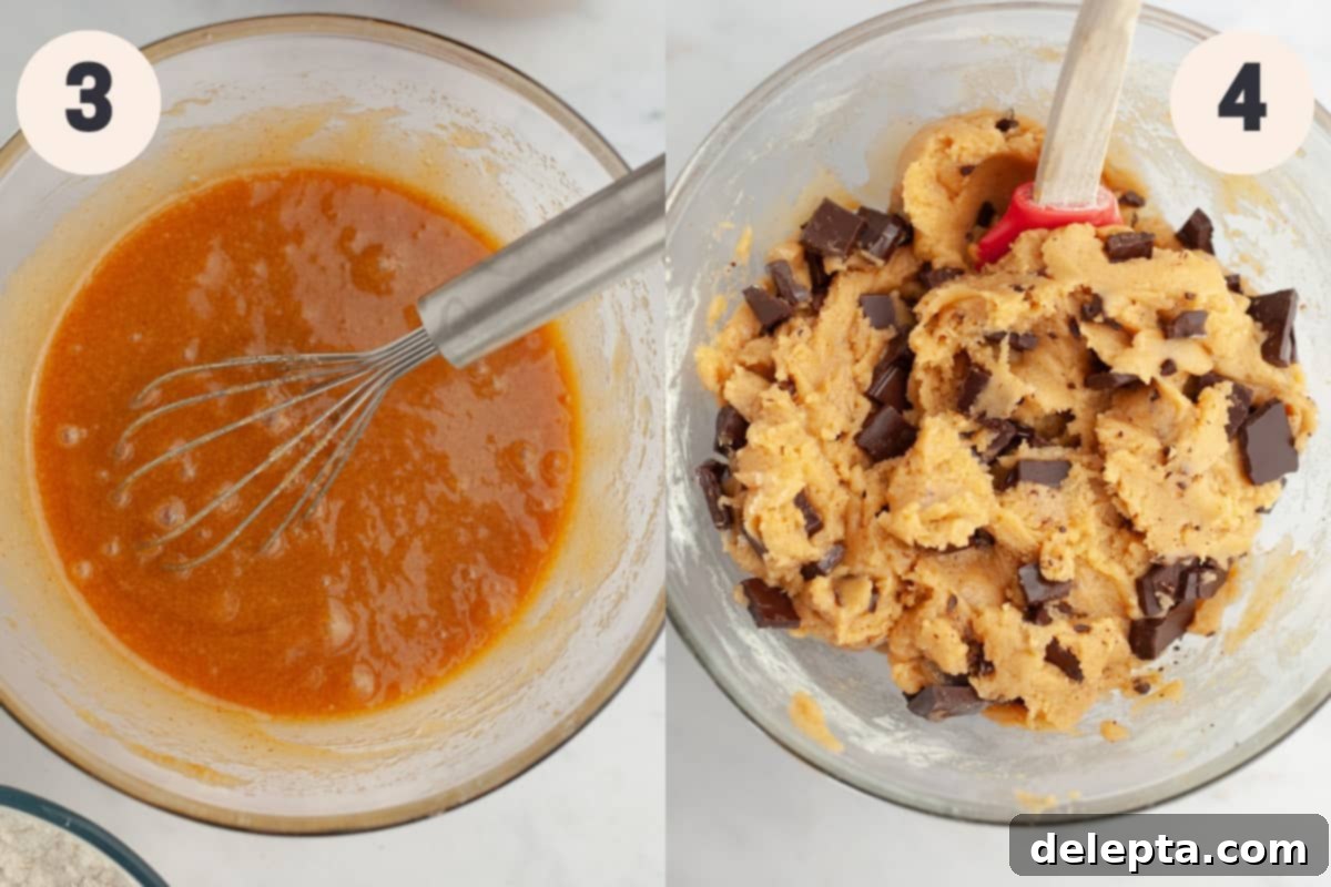 Miso Magic Brown Butter Chocolate Chip Cookies 5 Cookie dough with dark chocolate chunks mixed in, in a large glass bowl, ready for chilling.