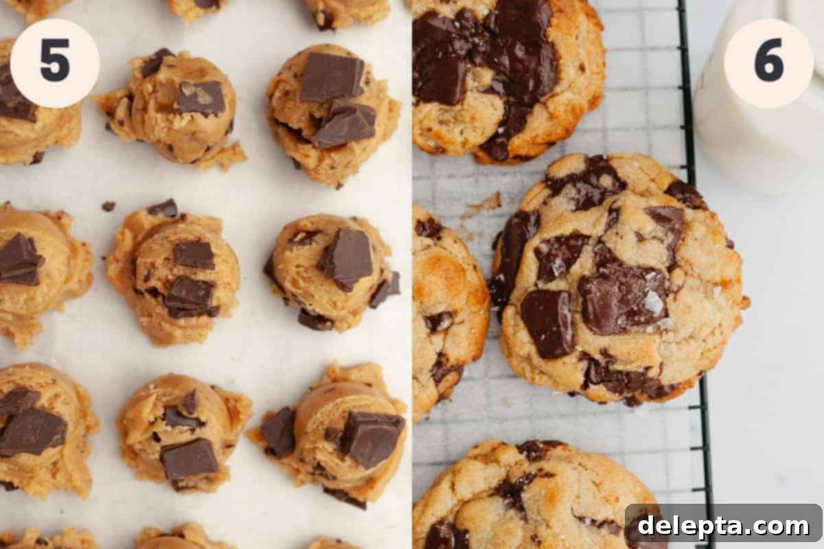 Miso Magic Brown Butter Chocolate Chip Cookies 6 Unbaked miso chocolate chip cookie dough balls on a parchment-lined tray next to a stack of baked brown butter miso chocolate chip cookies.