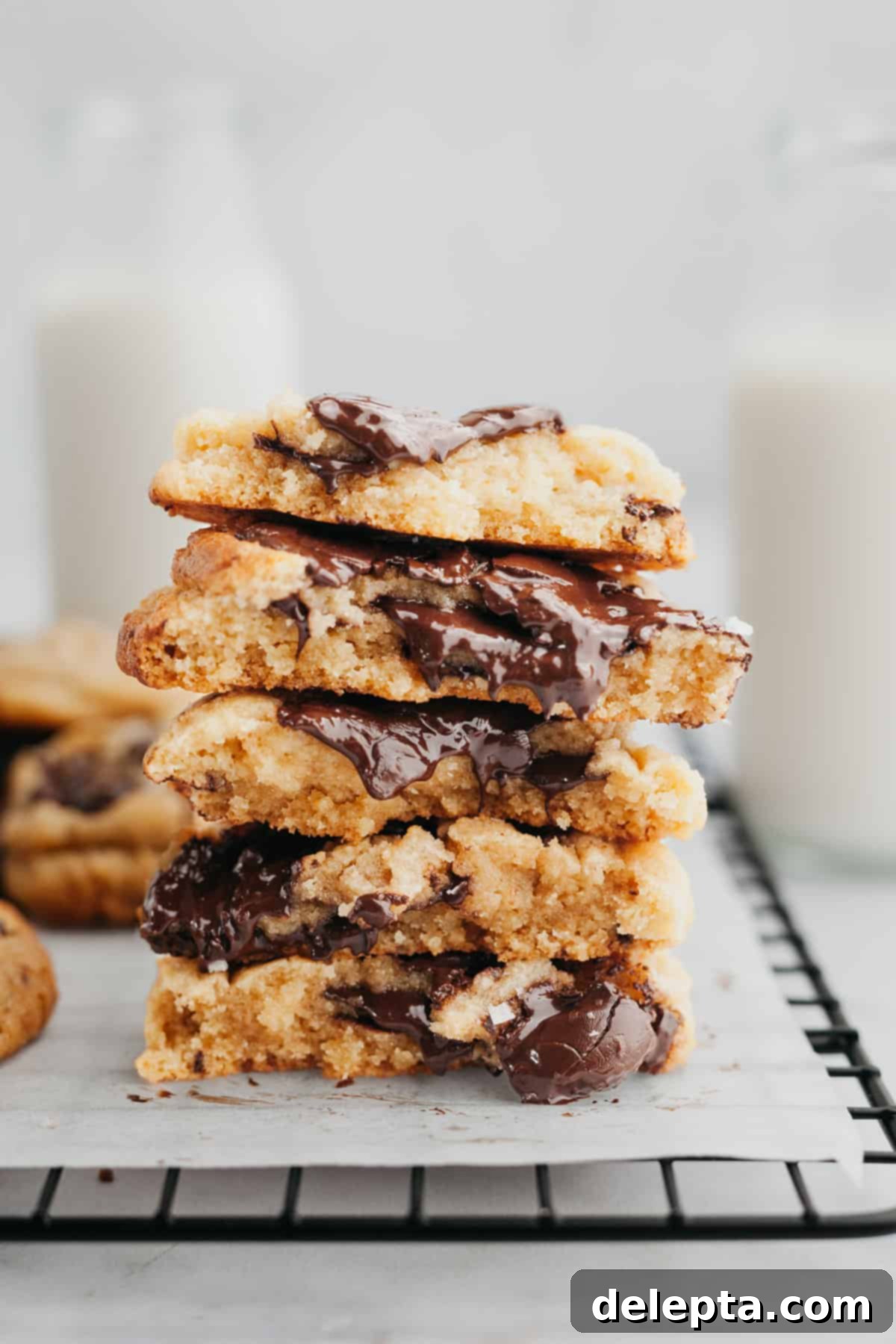Miso Magic Brown Butter Chocolate Chip Cookies 7 A stack of golden brown butter miso chocolate chip cookies, showcasing their chewy texture and melted chocolate chunks.