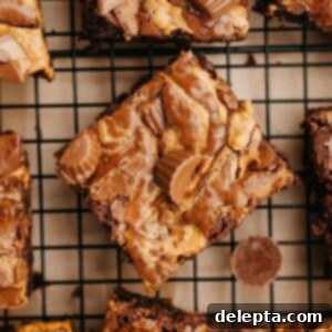 Peanut Butter Cup Brownie Bliss 9 An overhead shot of extra fudgy brownies with peanut butter cups on a wire cooling rack.