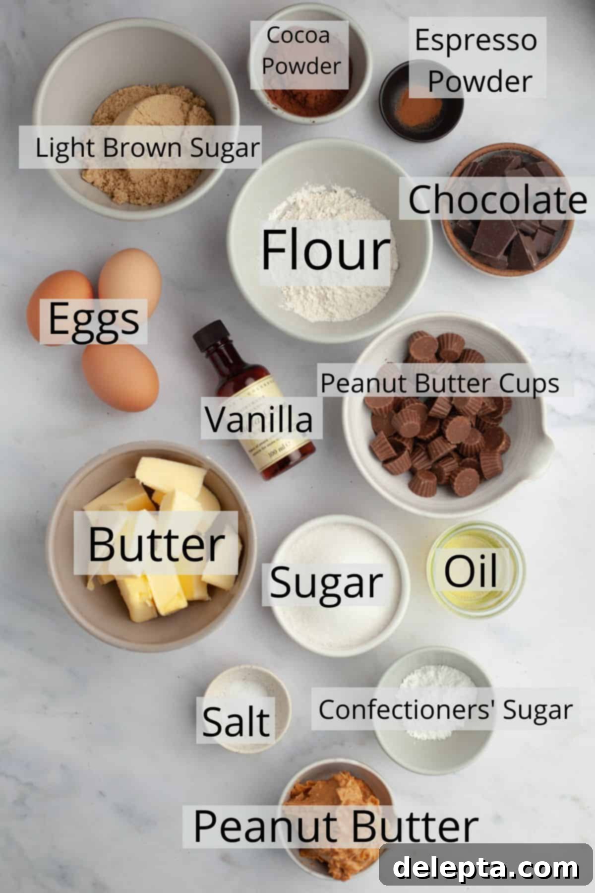Peanut Butter Cup Brownie Bliss 3 A beautiful flat lay of all the fresh ingredients carefully laid out to make brownies with peanut butter cups.