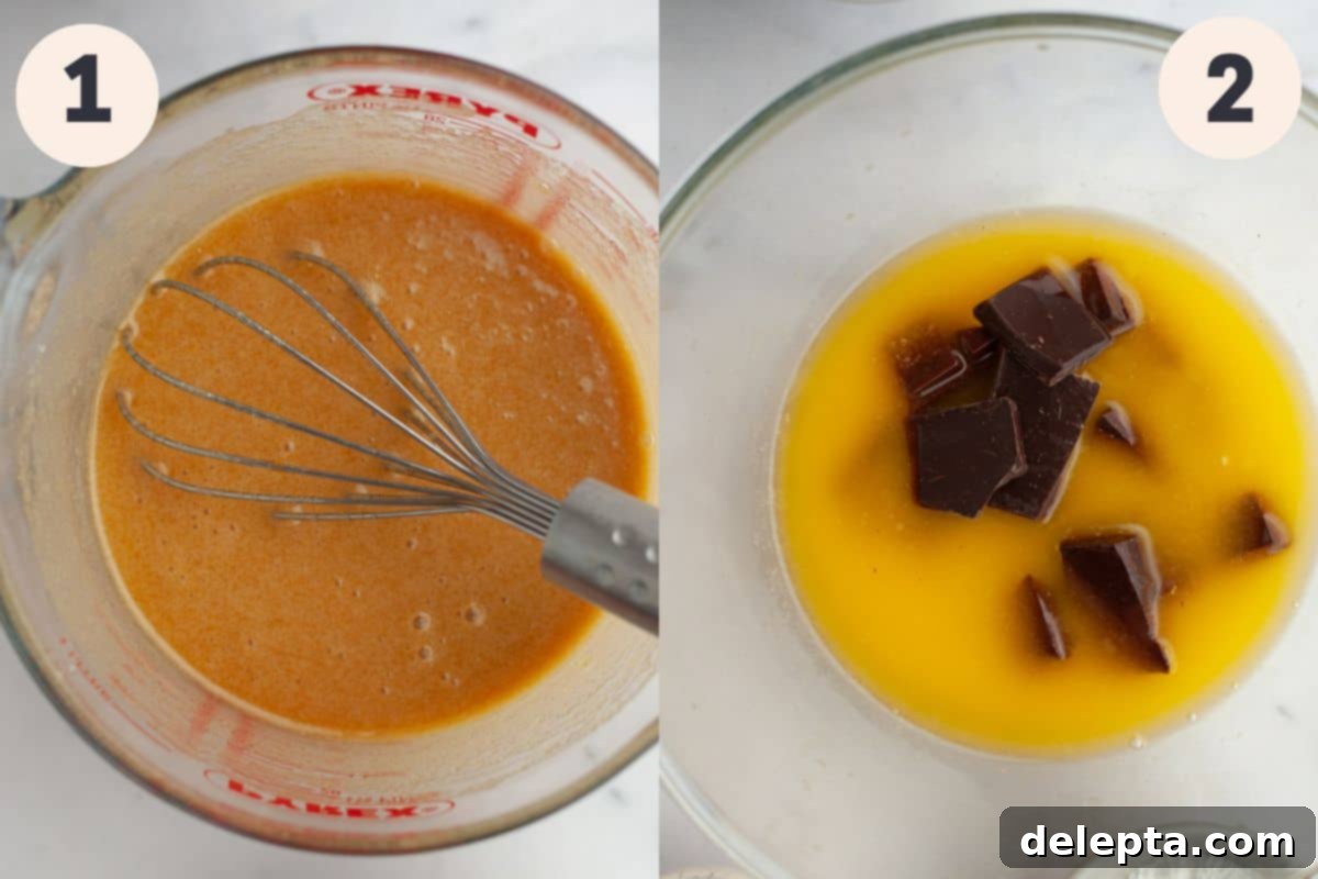 Peanut Butter Cup Brownie Bliss 4 Steps 1 and 2 in the brownies with peanut butter cups baking process, showing wet ingredients being whisked.