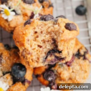 Golden Banana Berry Oatmeal Muffins 8 A close up of blueberry banana muffins, one has a bite taken out of it.