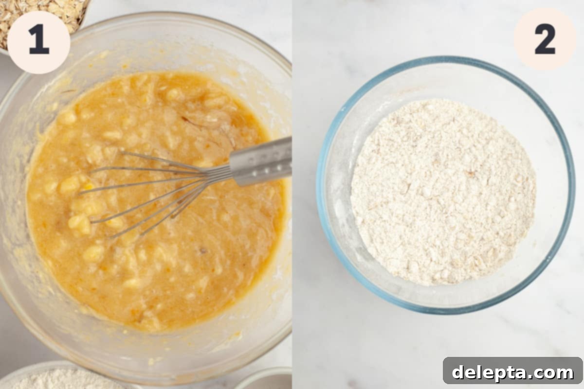 Golden Banana Berry Oatmeal Muffins 4 Banana oatmeal muffin batter in a glass bowl, showcasing the creamy wet ingredients mixture.
