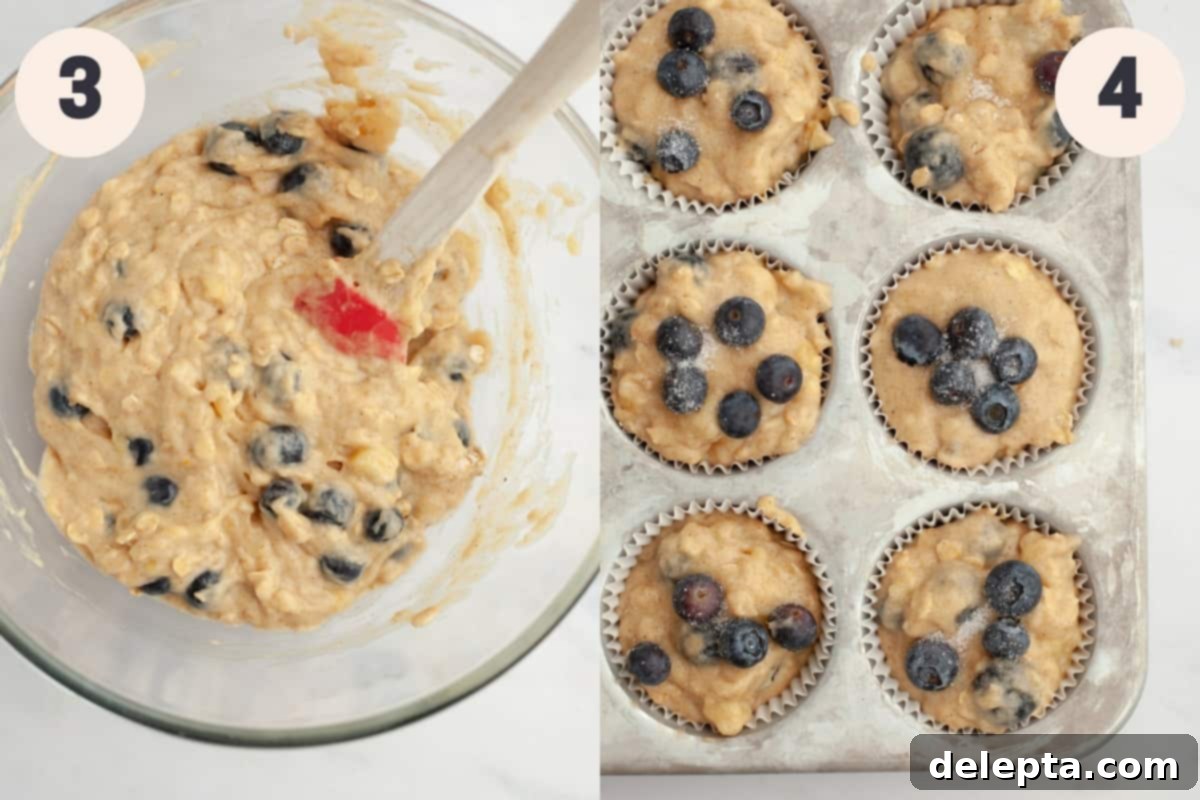 Golden Banana Berry Oatmeal Muffins 5 Banana blueberry oatmeal muffins in a glass bowl and in a muffin pan, showing the batter consistency.