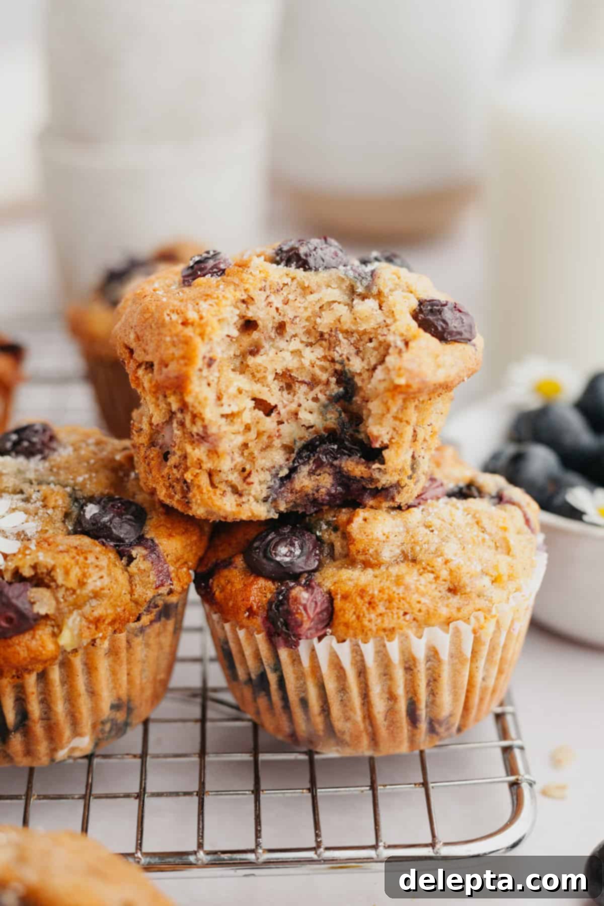 Golden Banana Berry Oatmeal Muffins 7 A close up of blueberry banana muffins, one has a bite taken out of it, showing off the perfectly baked, golden-brown top.