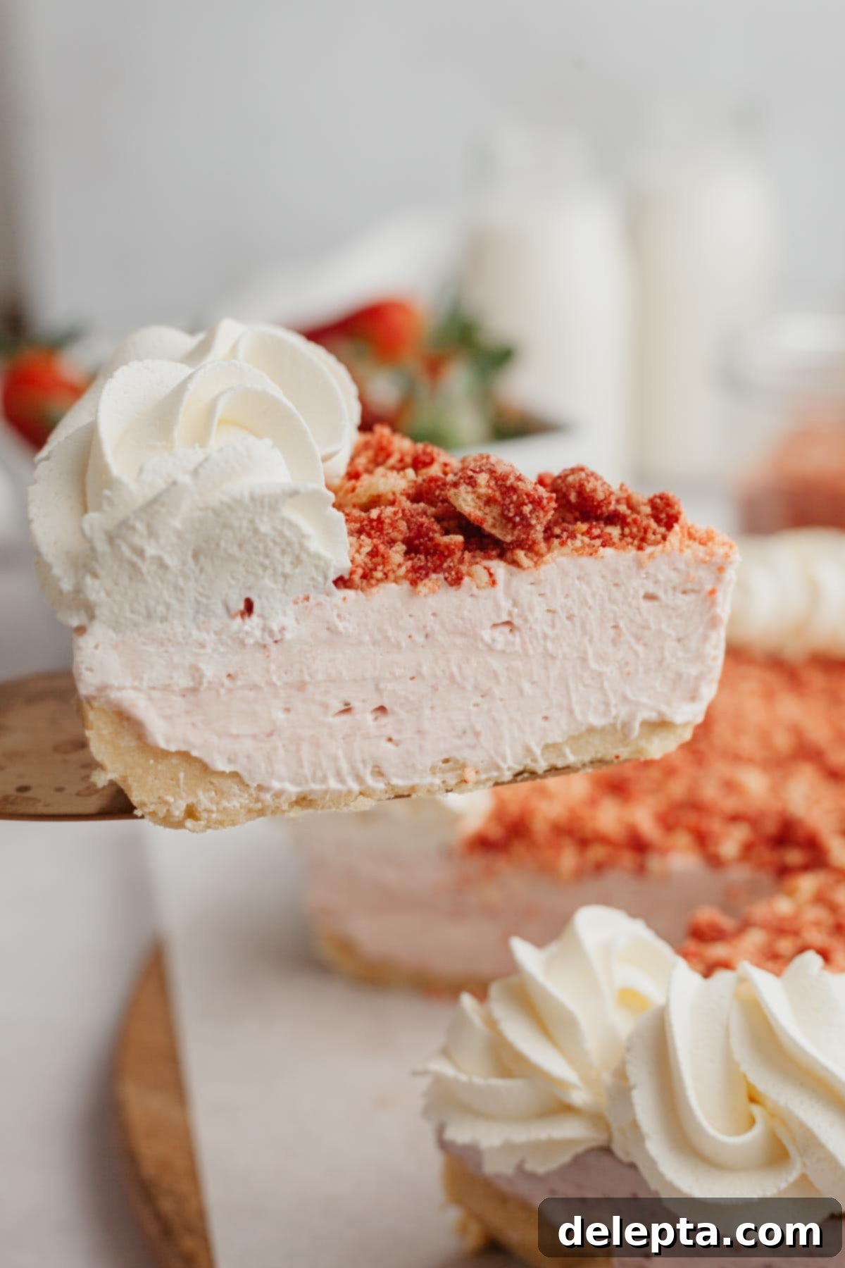 Divine No-Bake Strawberry Crunch Cheesecake 2 A perfectly portioned slice of strawberry crunch cheesecake, showcasing its creamy filling, golden Oreo crust, and crunchy strawberry topping, being gently lifted with a cake server.