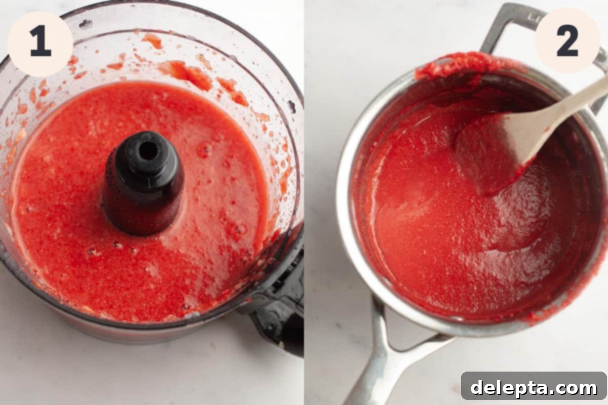 Divine No-Bake Strawberry Crunch Cheesecake 4 Fresh strawberries pureed in a food processor, alongside the strawberry puree simmering in a small saucepan to reduce.