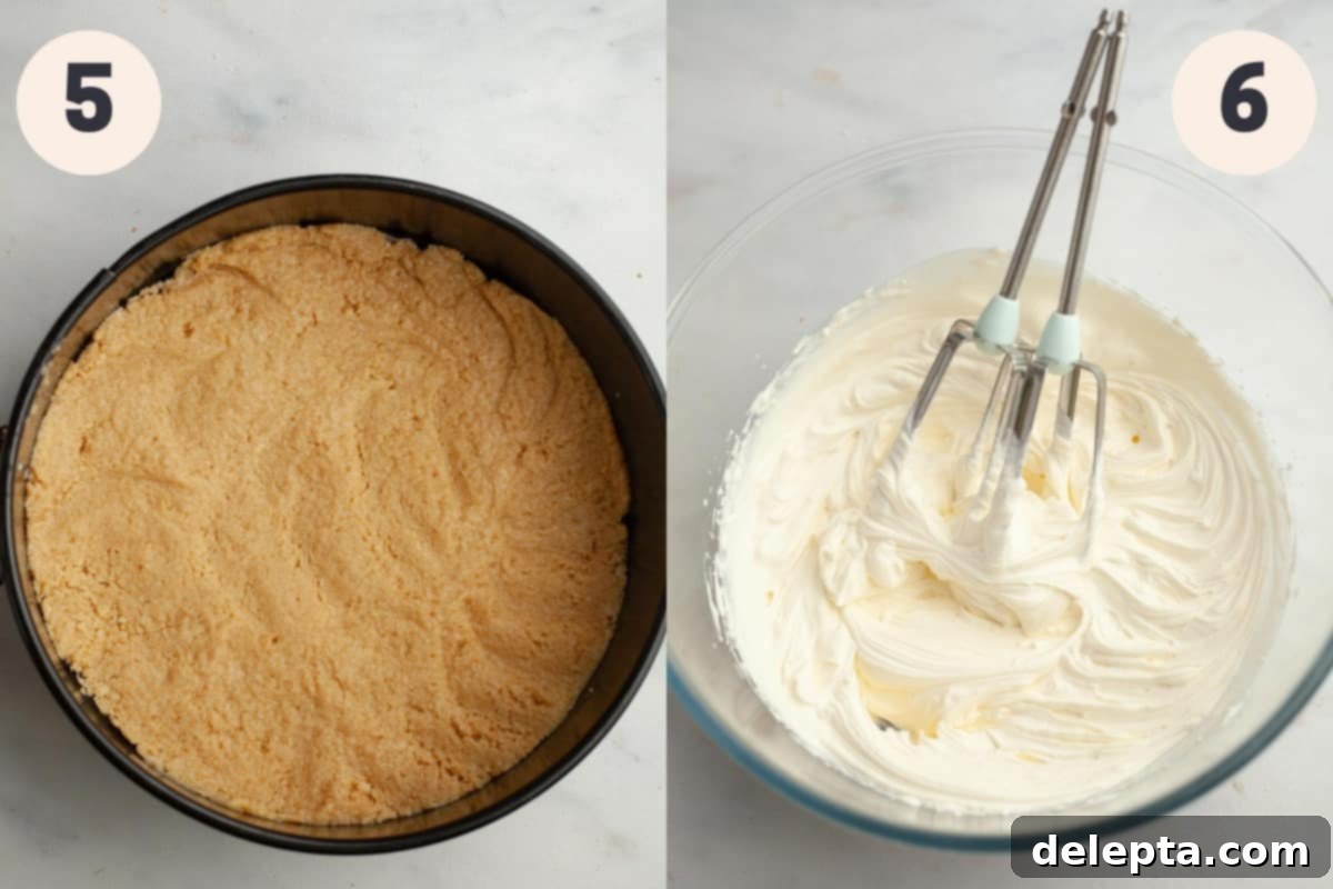 Divine No-Bake Strawberry Crunch Cheesecake 6 A 9-inch springform pan with a perfectly pressed golden Oreo cheesecake crust, and a separate small bowl containing freshly whipped cream.