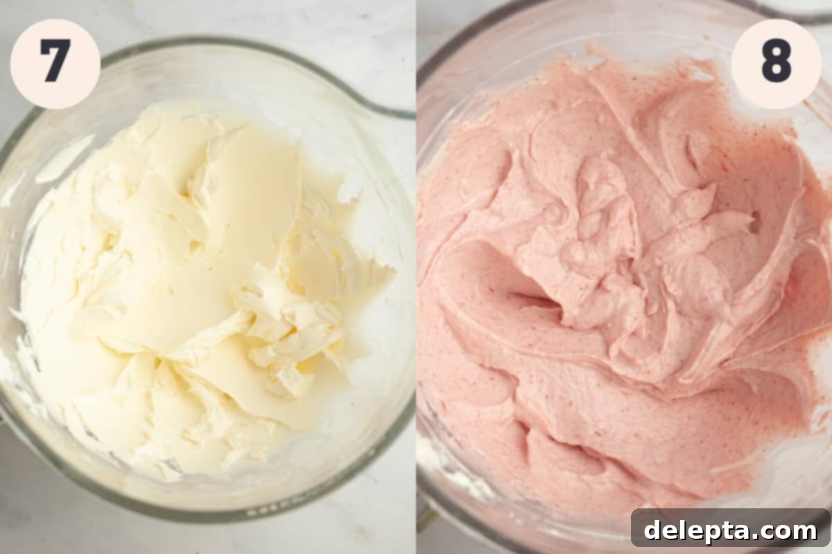 Divine No-Bake Strawberry Crunch Cheesecake 7 A large mixing bowl containing softened cream cheese, and another large bowl filled with the smooth, pink strawberry cheesecake filling.
