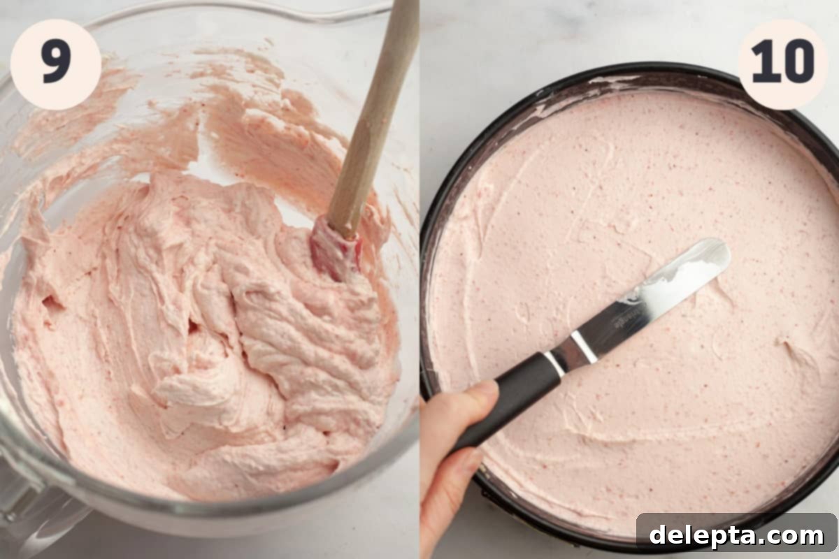Divine No-Bake Strawberry Crunch Cheesecake 8 The smooth strawberry cheesecake filling gently folded into whipped cream in a large bowl, and the finished cheesecake filling poured into the springform pan with the crust.