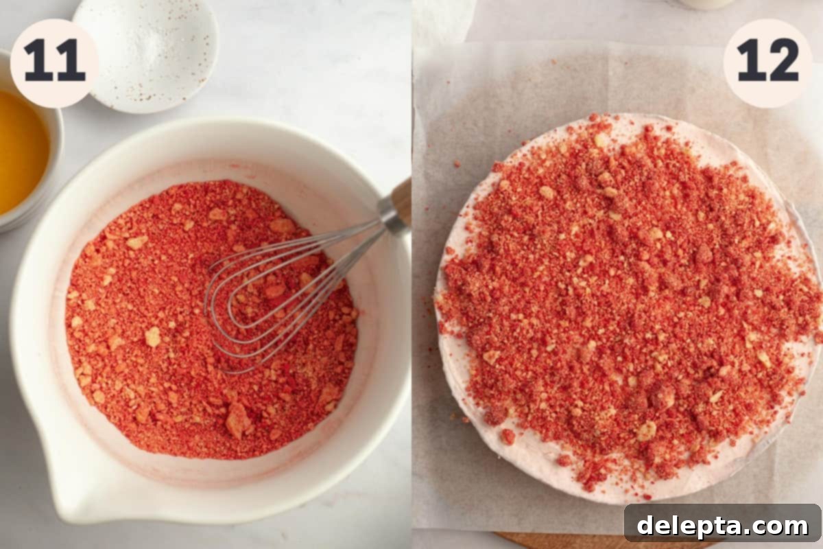 Divine No-Bake Strawberry Crunch Cheesecake 9 A small bowl holding a mixture of freeze-dried strawberry powder and crushed golden Oreos, and the top of a finished cheesecake covered in this vibrant strawberry crunch topping.