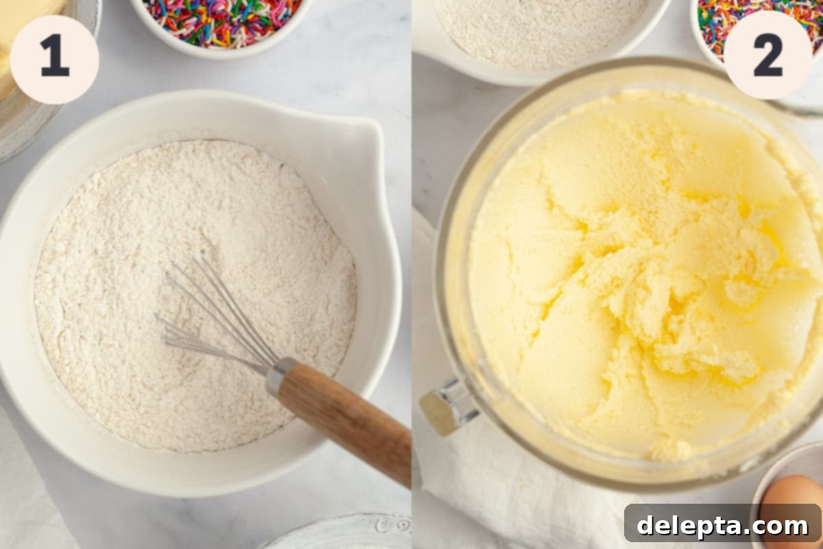 Pillowy Soft Rainbow Sugar Cookies 4 Flour in a bowl and creamed sugar and butter in a mixing bowl, illustrating the initial steps of cookie dough preparation.