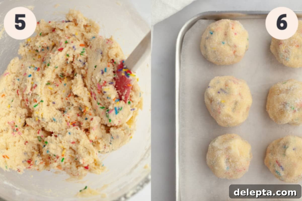 Pillowy Soft Rainbow Sugar Cookies 6 Close up of sprinkle sugar cookie dough, displaying the vibrant colors of the jimmie sprinkles.