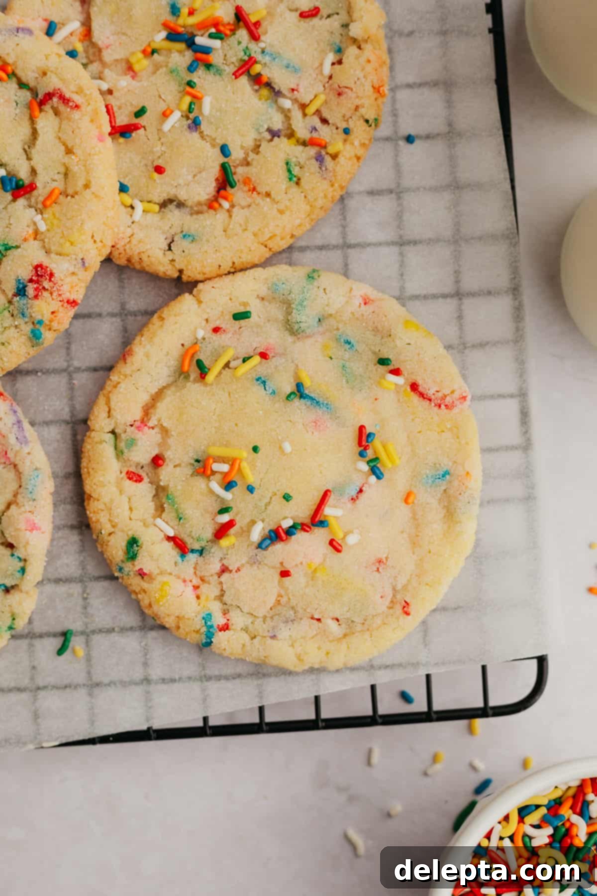 Pillowy Soft Rainbow Sugar Cookies 7 Several sprinkle confetti sugar cookies on parchment paper, fresh out of the oven.