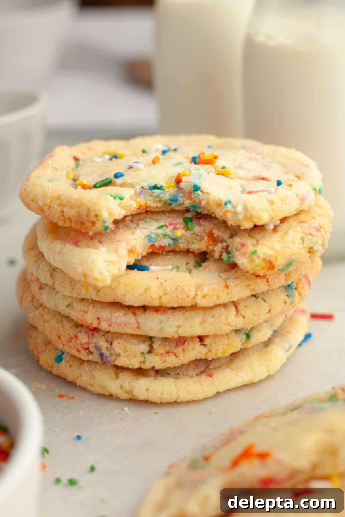 Pillowy Soft Rainbow Sugar Cookies 8 A stack of confetti sugar cookies, highlighting their festive appearance and inviting texture.