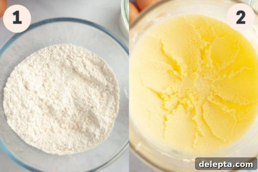 Elegant Swirl Loaf 4 Steps 1 and 2 in the marble loaf cake baking process, showing dry ingredients and creamed butter.