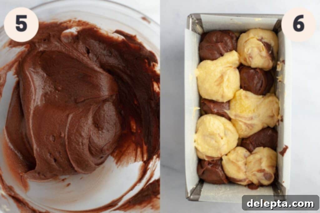 Elegant Swirl Loaf 6 Steps 5 and 6 in the marble loaf cake baking process, showing chocolate batter being mixed and the layering technique.