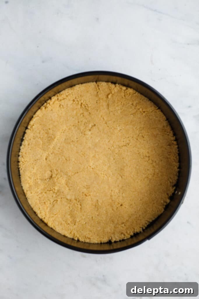 Blonde Oreo Cheesecake 5 An ungreased springform pan meticulously lined with the pressed Golden Oreo cheesecake crust, ready for baking.
