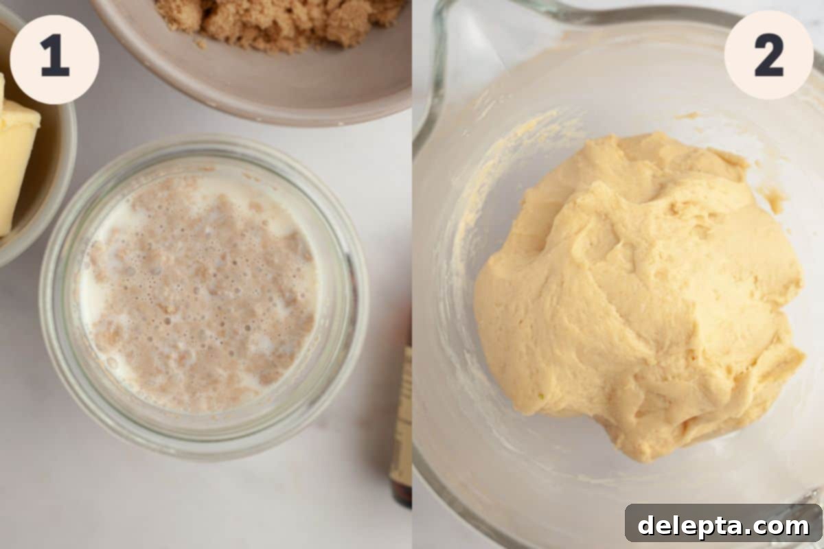 Decadent Brioche Cinnamon Rolls with Heavy Cream 4 The first two steps of the brioche cinnamon roll process: warming milk with yeast and mixing dry ingredients.