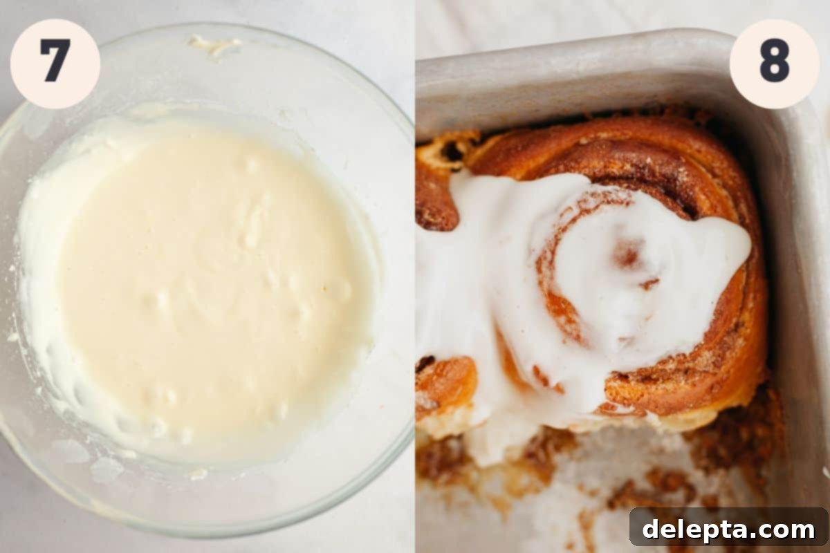 Decadent Brioche Cinnamon Rolls with Heavy Cream 7 Steps 7 and 8 in the brioche cinnamon rolls with heavy cream baking process: making the cream cheese frosting and applying it to the warm baked rolls.