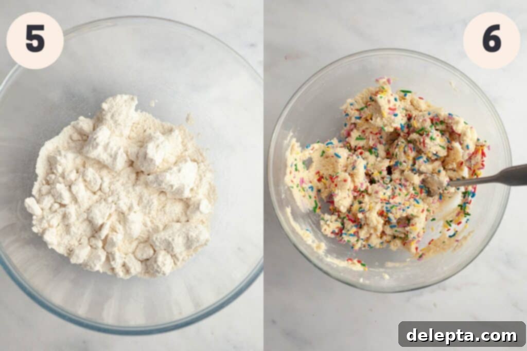 Funfetti Dream Brownies 6 Flour in a bowl and a bowl with rainbow sprinkle cookie dough.
