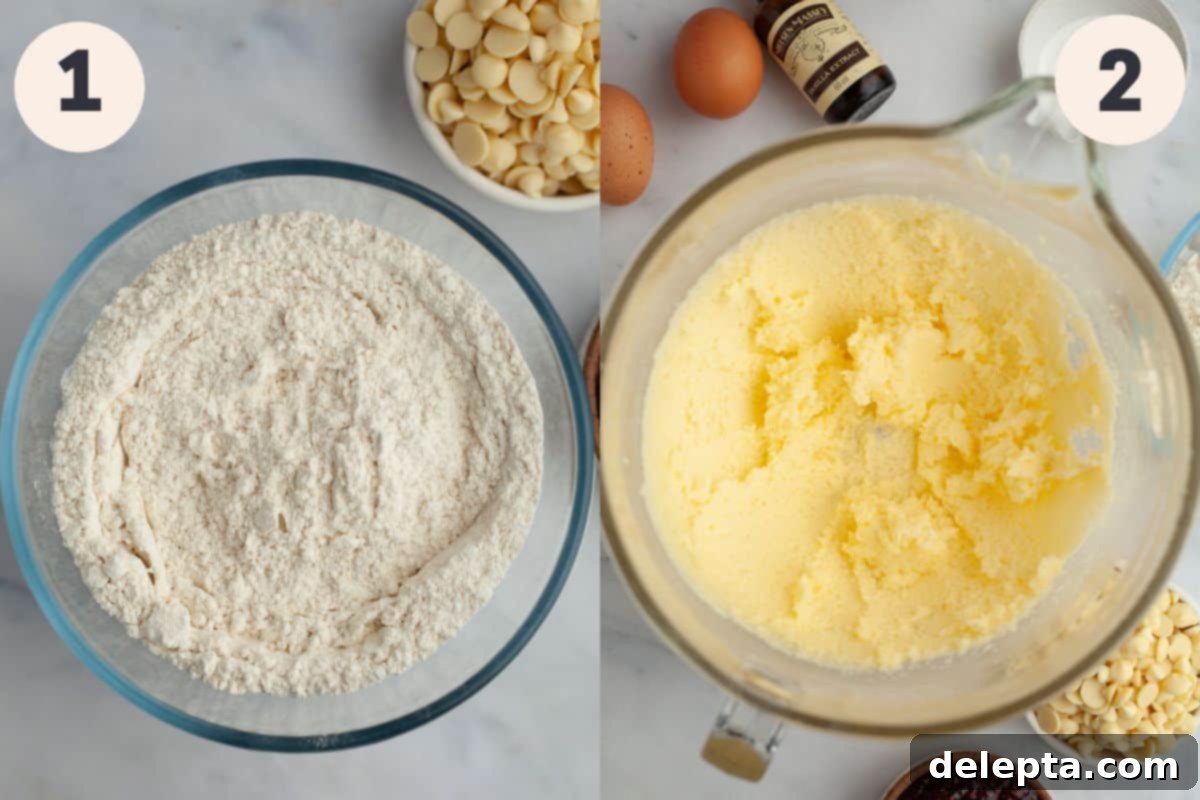 White Chocolate Raspberry Bundt Dream 4 Steps 1 and 2 in the raspberry white chocolate bundt cake baking process.