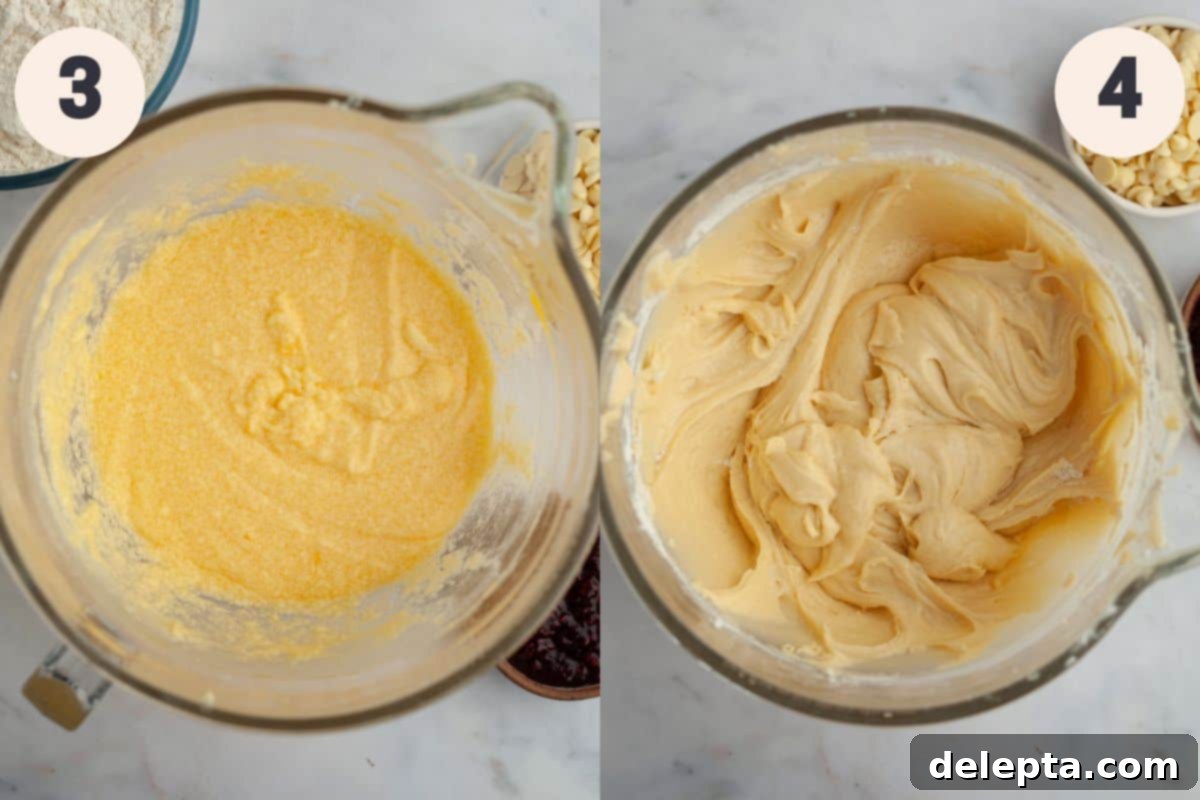 White Chocolate Raspberry Bundt Dream 5 Steps 3 and 4 in the raspberry white chocolate bundt cake baking process.