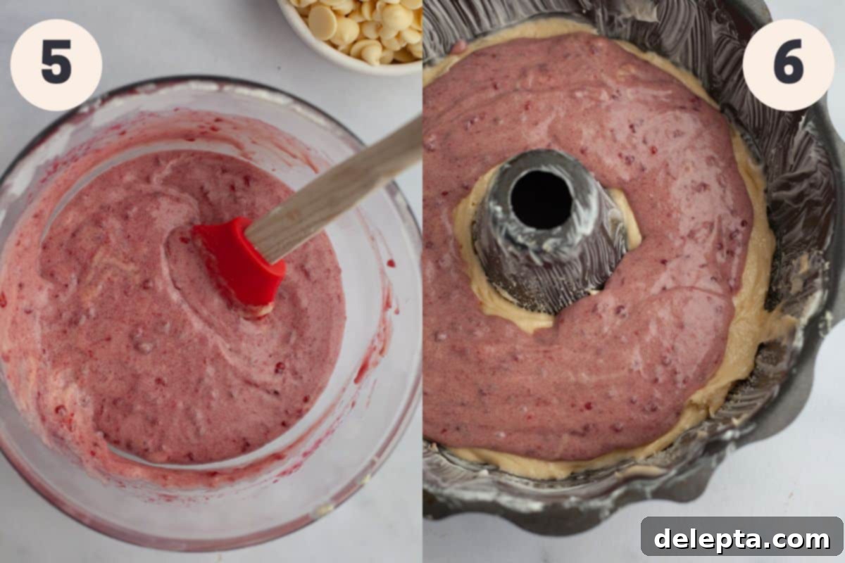White Chocolate Raspberry Bundt Dream 6 Steps 5 and 6 in the raspberry white chocolate bundt cake baking process.