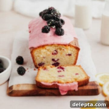 Vibrant Blackberry Lemon Loaf 9 A blackberry lemon loaf sliced, it has a pink glaze and is topped with blackberries.