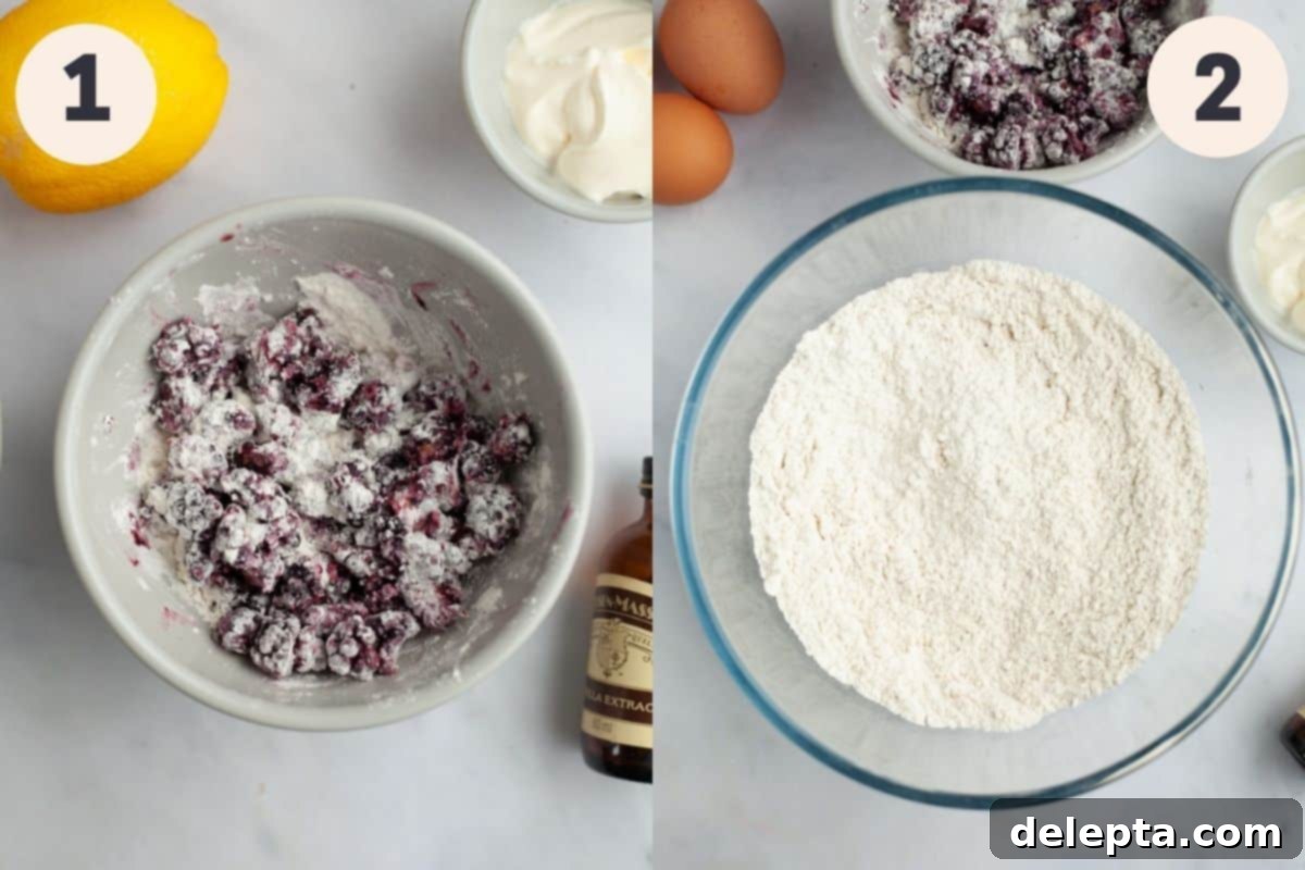 Vibrant Blackberry Lemon Loaf 4 Steps 1 and 2 of the blackberry lemon bread baking process: preparing the pan and berries.