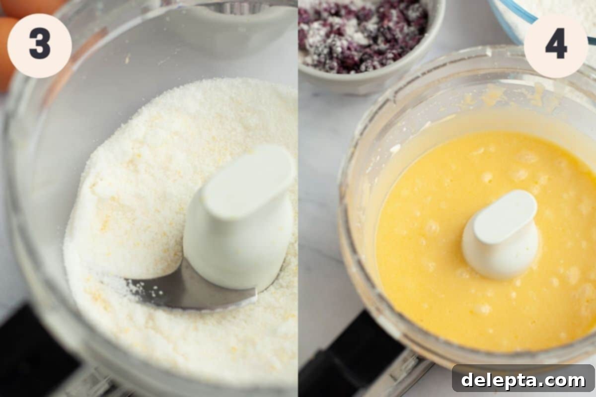 Vibrant Blackberry Lemon Loaf 5 Steps 3 and 4 of the blackberry lemon bread baking process: mixing sugar with lemon zest, then adding wet ingredients.