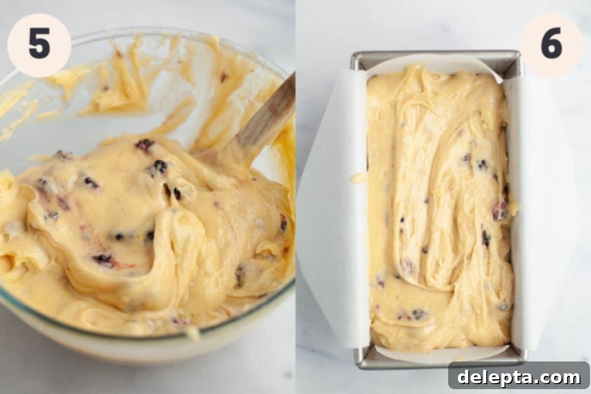 Vibrant Blackberry Lemon Loaf 6 Steps 5 and 6 to make blackberry lemon bread: folding wet and dry ingredients, then pouring batter into the pan.