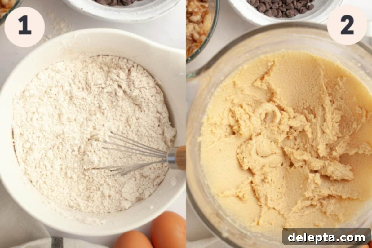 Decadent Chocolate Chip Banana Bundt Cake 4 Image showing two bowls: one with dry ingredients (flour, spices) whisked together, and another larger bowl with butter and sugars creamed until light and fluffy.