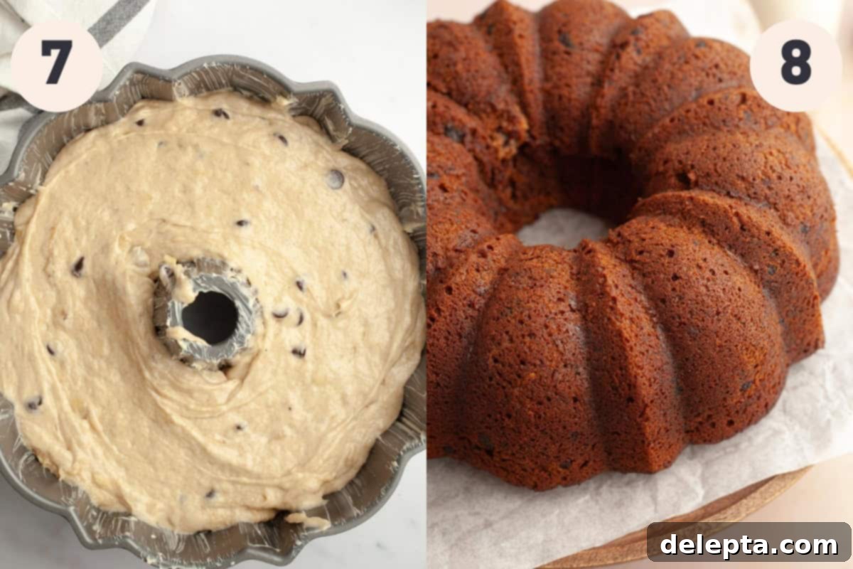 Decadent Chocolate Chip Banana Bundt Cake 7 Two images side by side: one showing raw bundt cake batter in a greased bundt pan, the other showing a perfectly baked, golden-brown bundt cake just out of the oven.