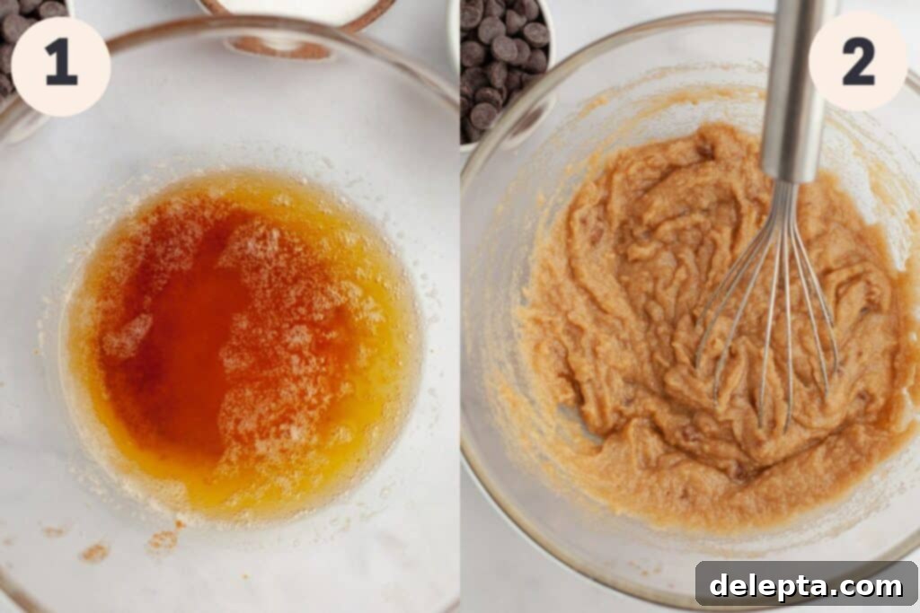 Golden Butterscotch Chocolate Chip Delights 4 Visual steps 1 and 2 in the butterscotch chocolate chip cookie baking process: browning butter and mixing wet ingredients.