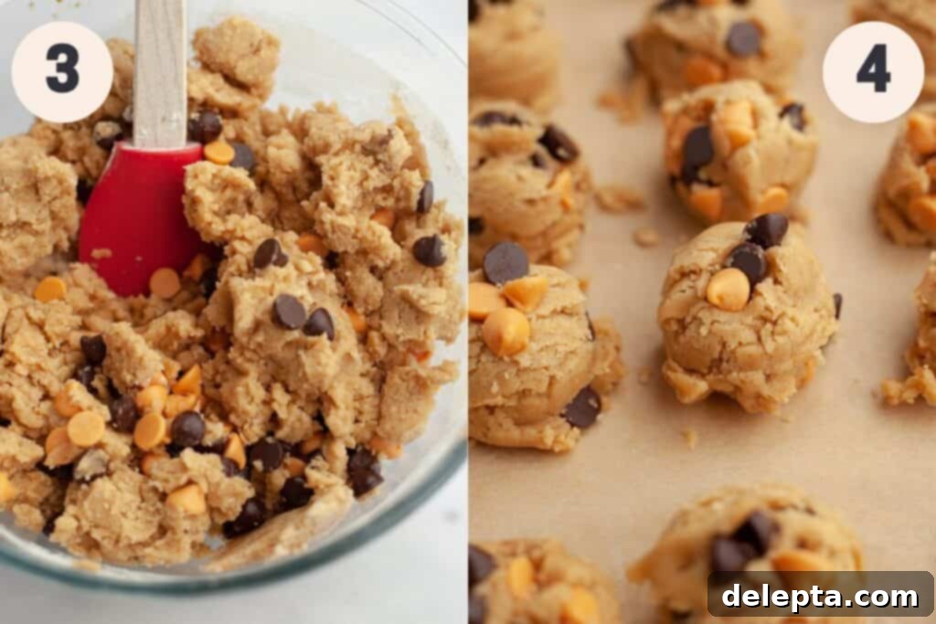 Golden Butterscotch Chocolate Chip Delights 5 Visual steps 3 and 4 in the butterscotch chocolate chip cookie baking process: adding dry ingredients and scooping dough.