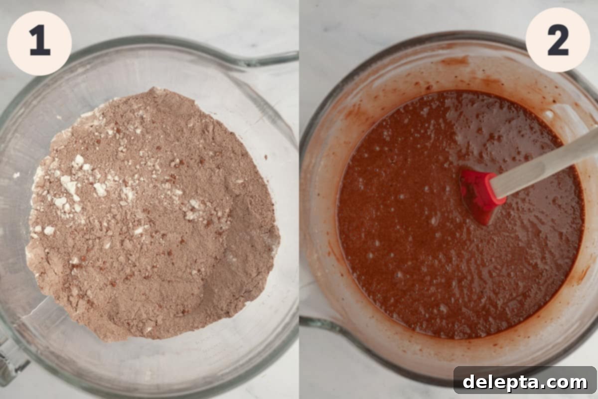 Zesty Chocolate Orange Cake 5 A bowl of sifted flour and cocoa powder next to a large mixing bowl with smooth, dark chocolate cake batter.