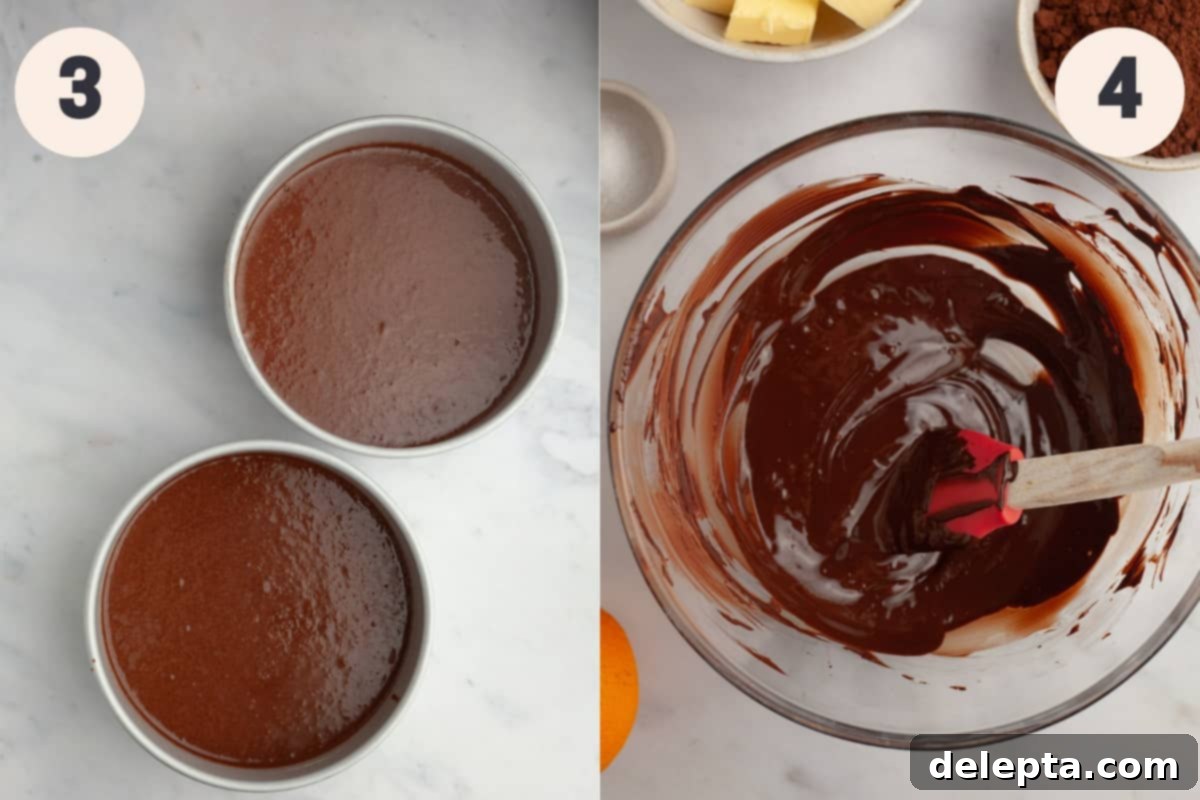 Zesty Chocolate Orange Cake 6 Two 8-inch cake pans filled with unbaked chocolate orange cake batter, and a separate bowl of creamy chocolate orange frosting.