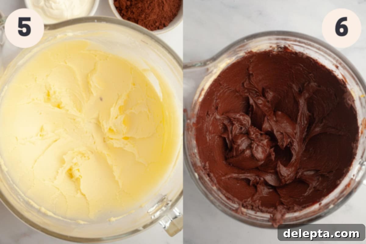 Zesty Chocolate Orange Cake 7 A bowl of fluffy, creamed butter and confectioners' sugar for the frosting, alongside a bowl of finished chocolate orange fudge frosting.